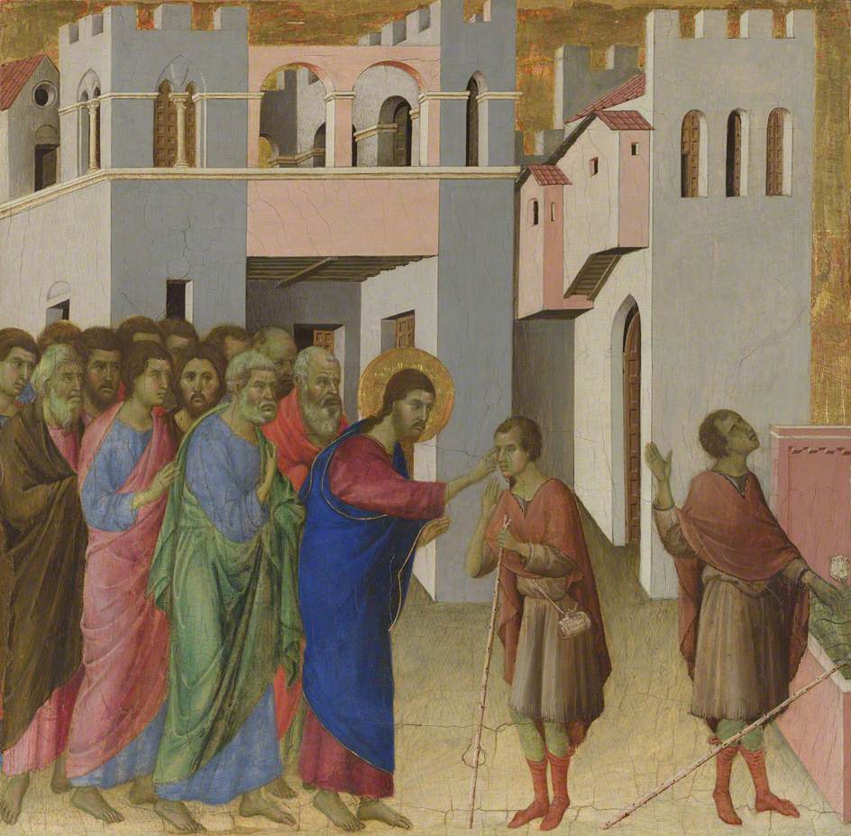 The 'Maestà' Predella Panels: The Healing of the Man Born Blind, vintage artwork by Duccio di Buoninsegna, 12x8" (A4) Poster