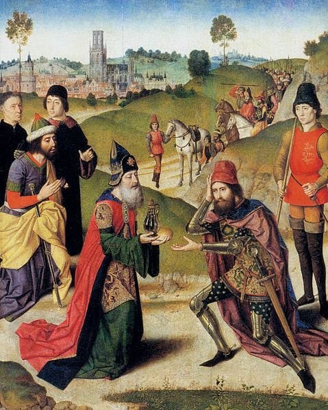 The Meeting of Abraham and Melchizedek (upper left panel from the Altarpiece of the Holy Sacrament), vintage artwork by Dieric Bouts, A3 (16x12") Poster Print