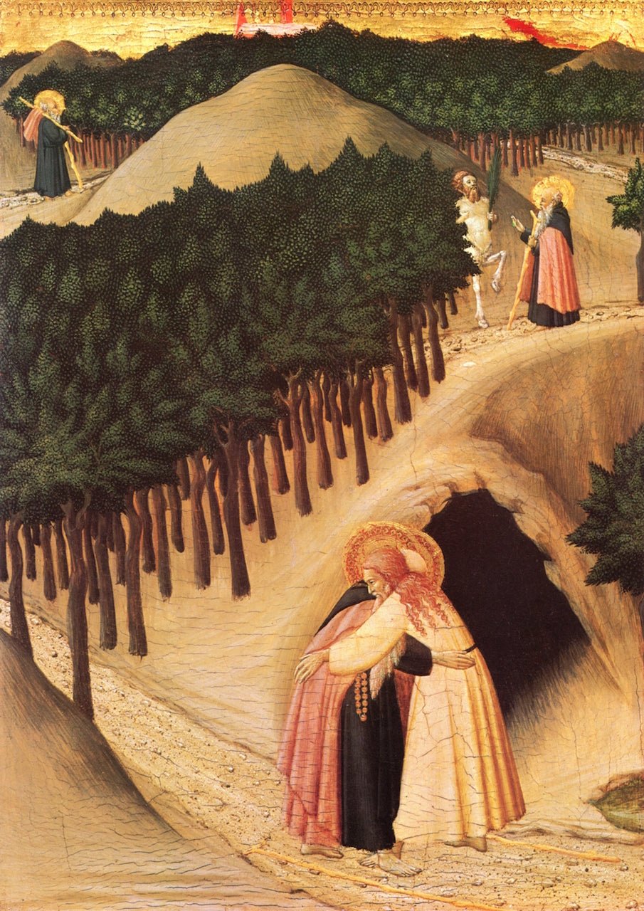 The Meeting of Saint Anthony and Saint Paul, vintage artwork by Attributed to Sassetta, A3 (16x12") Poster Print