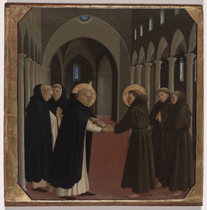 The Meeting of Saint Dominic and Saint Francis of Assisi, vintage artwork by Fra Angelico, A3 (16x12") Poster Print