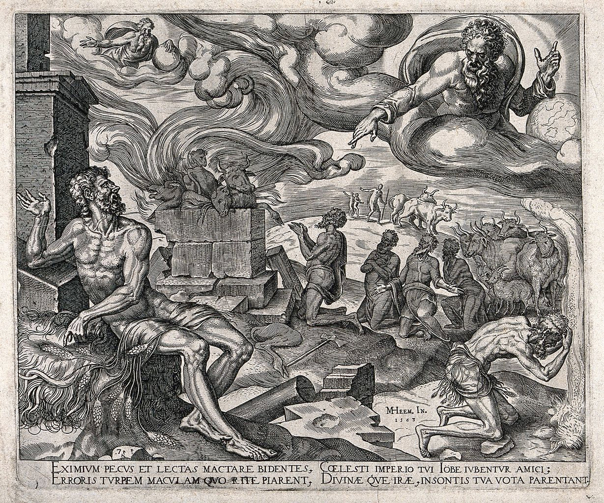 The torments of Job under a swirling sky dominated by God, vintage artwork by Maerten van Heemskerck, A3 (16x12") Poster Print