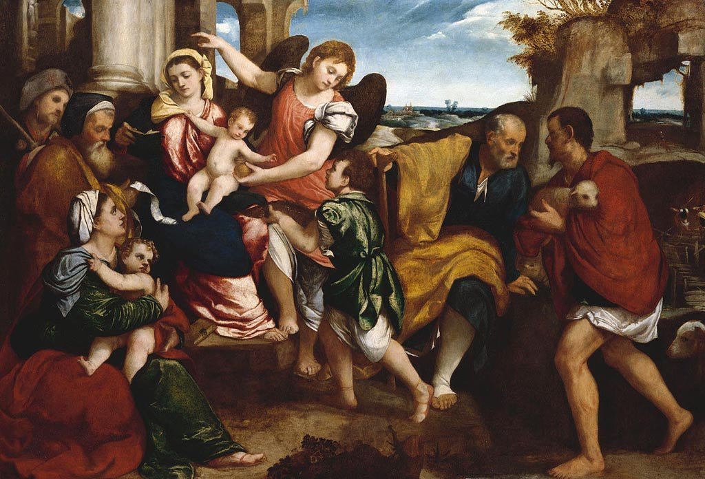 The Two Holy Families with Saint Roch (or James), Tobias and Raphael, and a Shepherd, vintage artwork by Bonifazio Veronese, A3 (16x12") Poster Print