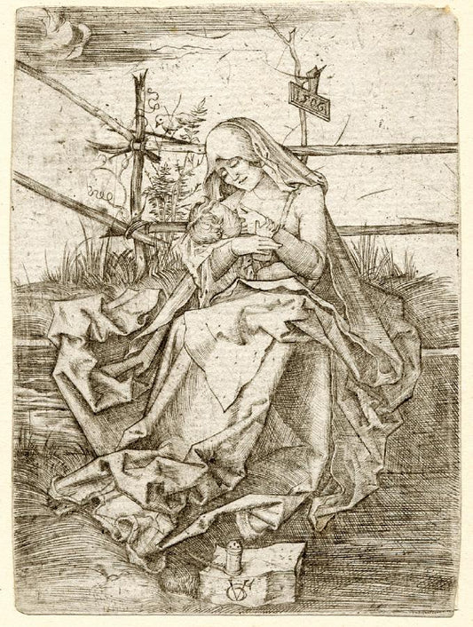 The Virgin and Child Seated on a Grassy Bank (after Dürer), vintage artwork by Urs Graf, A3 (16x12") Poster Print