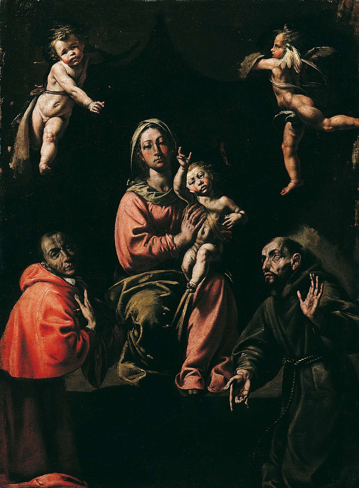 The Virgin and Child with Carlo Borromeo and Francis of Assisi, vintage artwork by Tanzio da Varallo, 12x8" (A4) Poster