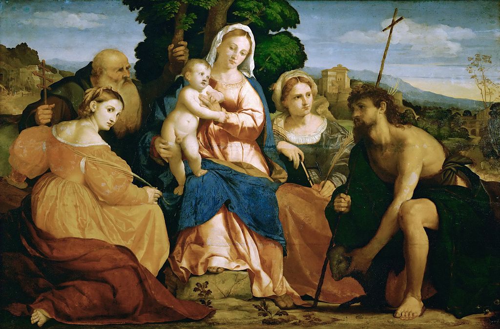 The Virgin and Child with Saints Catherine, John the Baptist and Barbara, vintage artwork by Palma il Vecchio, A3 (16x12") Poster Print