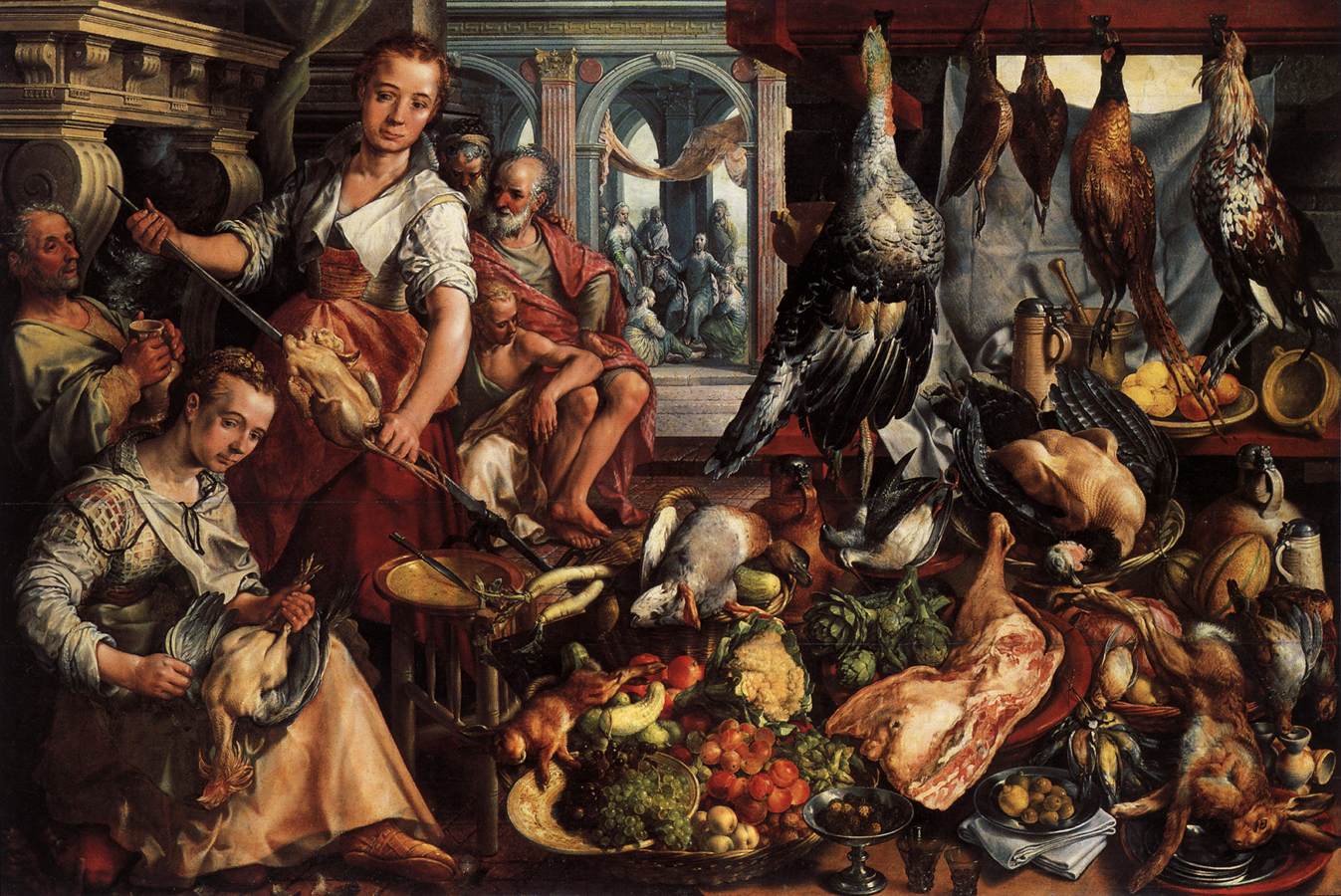 The Well-Stocked Kitchen, with Jesus in the house of Martha and Mary in the Background, vintage artwork by Joachim Beuckelaer, 12x8" (A4) Poster