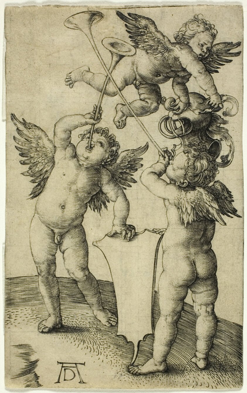 Three Putti with Shield and Helmet by Albrecht Dürer, 23x16"( A2 size) Poster Print