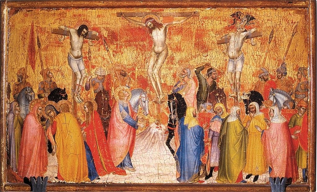 Tolomei Polyptych (Predella: Crucifixion), vintage artwork by Gregorio di Cecco, A3 (16x12") Poster Print