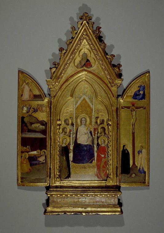 Triptych:  Madonna with Christ and Saints; the Nativity and the Crucifixion, vintage artwork by Maso di Banco, 12x8" (A4) Poster