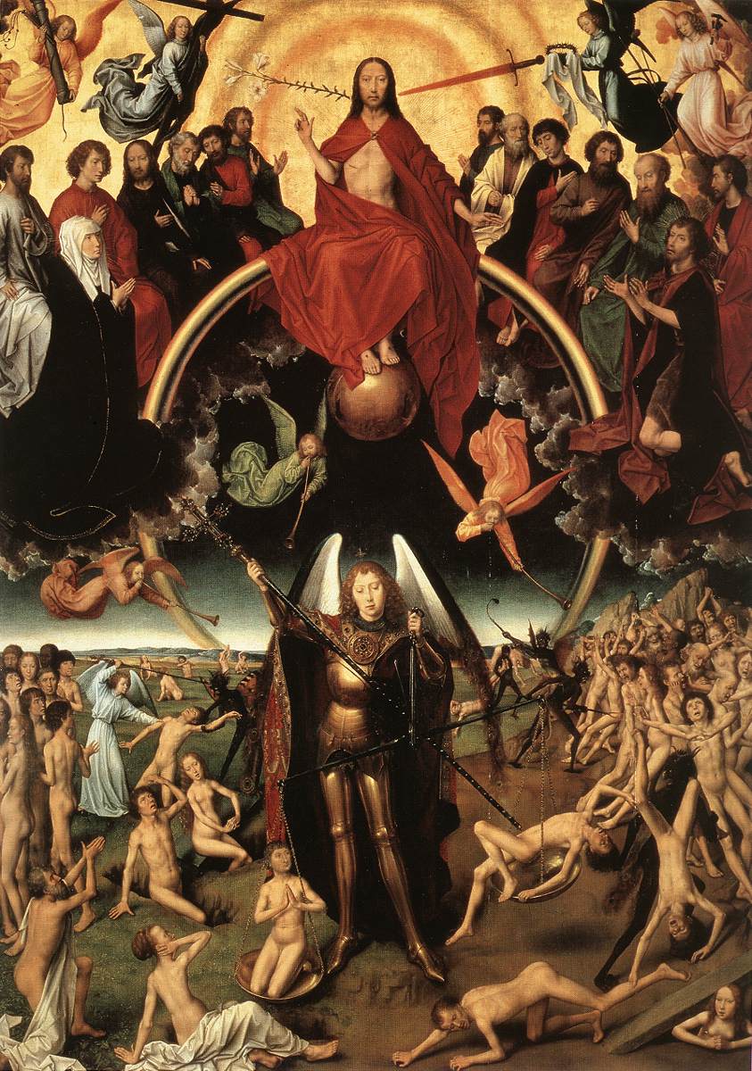 Triptych of the Last Judgment ~ Central panel: Maiestas Domini with archangel Archangel Michael weighing the souls, vintage artwork by Hans Memling, A3 (16x12") Poster Print