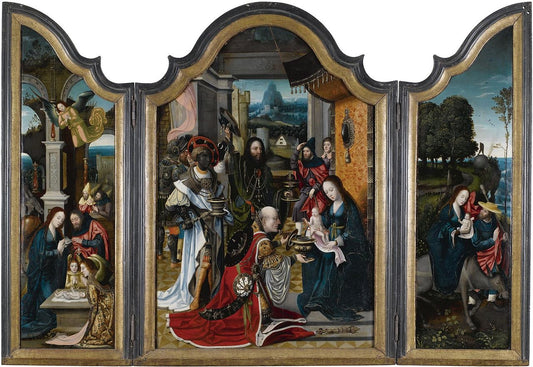 Triptych with the Adoration of the Magi, Nativity and Flight into Egypt, vintage artwork by Jan van Dornicke, A3 (16x12") Poster Print
