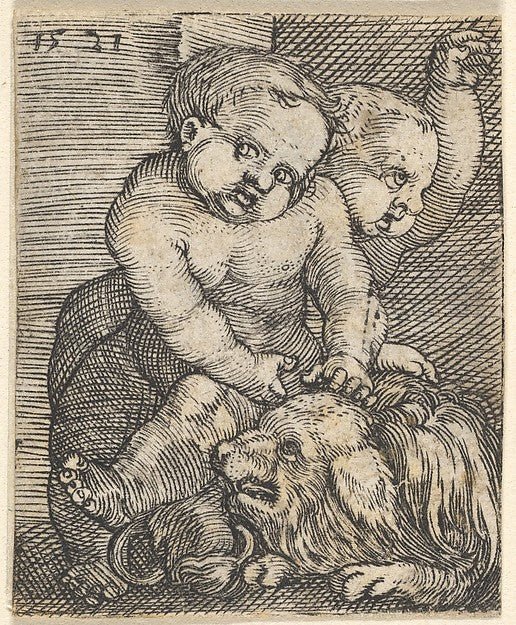 Two Boys Playing with a Dog mid-17th cent-Barthel Beham , vintage art, A3 (16x12") Poster Print