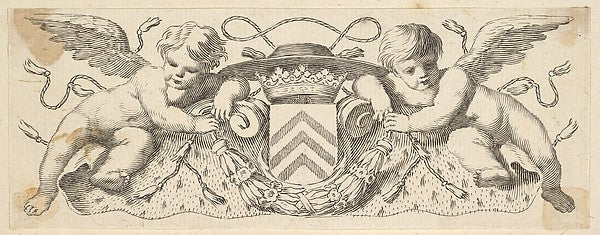 Two Cherubs with the Arms of Cardinal Richelieu before 1642-Cl, vintage art, A3 (16x12") Poster Print