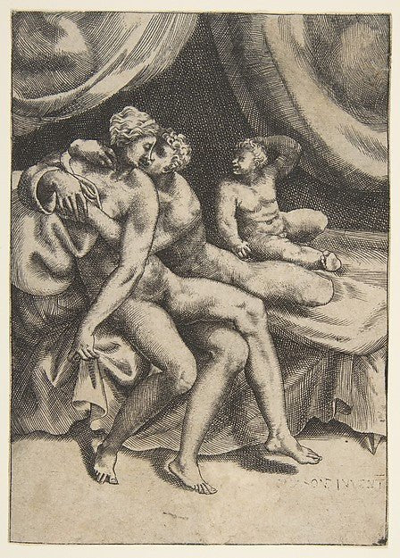Two lovers on a bed from 'The Loves of the Gods' c1531–76-Giu, vintage art, A3 (16x12") Poster Print