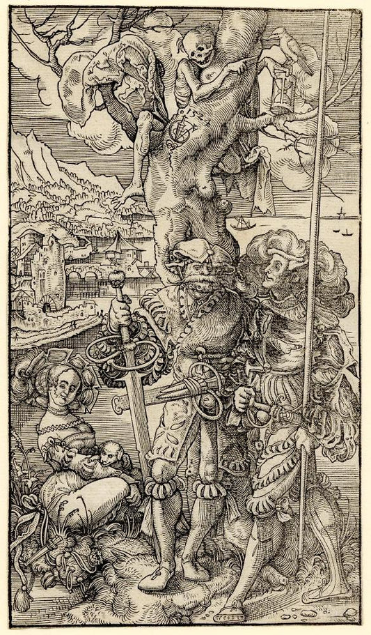 Two Mercenaries and a Woman with Death in a Tree, vintage artwork by Urs Graf, A3 (16x12") Poster Print