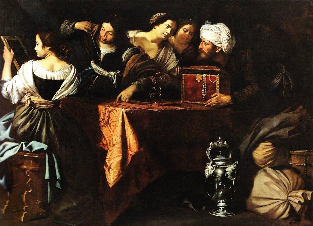 Ulysses finding Achilles at the Court of King Lycomedes, vintage artwork by Artemisia Gentileschi, 12x8" (A4) Poster