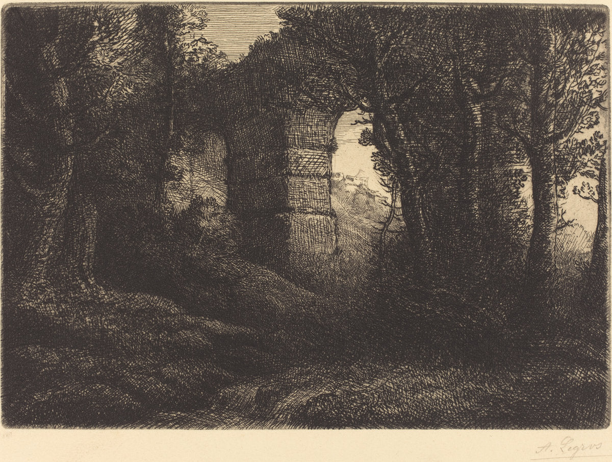 Ruins of an Ancient Aqueduct (Ruine d'un ancien aqueduc) by Alphonse Legros (French, 1837 - 1911), 16X12"(A3)Poster Print