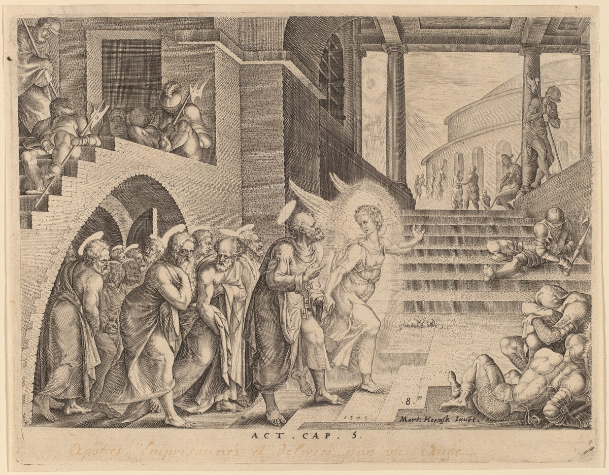 The Apostles Delivered from Prison by an Angel by Philip Galle after Maerten van Heemskerck (Flemish, 1537 - 1612), 16X12"(A3)Poster Print