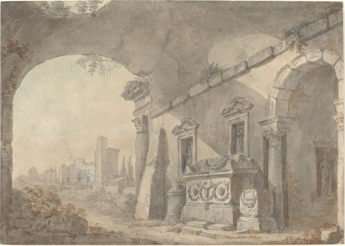 Roman Ruins with a Sepulchre by Charles Louis Clérisseau (French, 1722 - 1820), 16X12"(A3)Poster Print