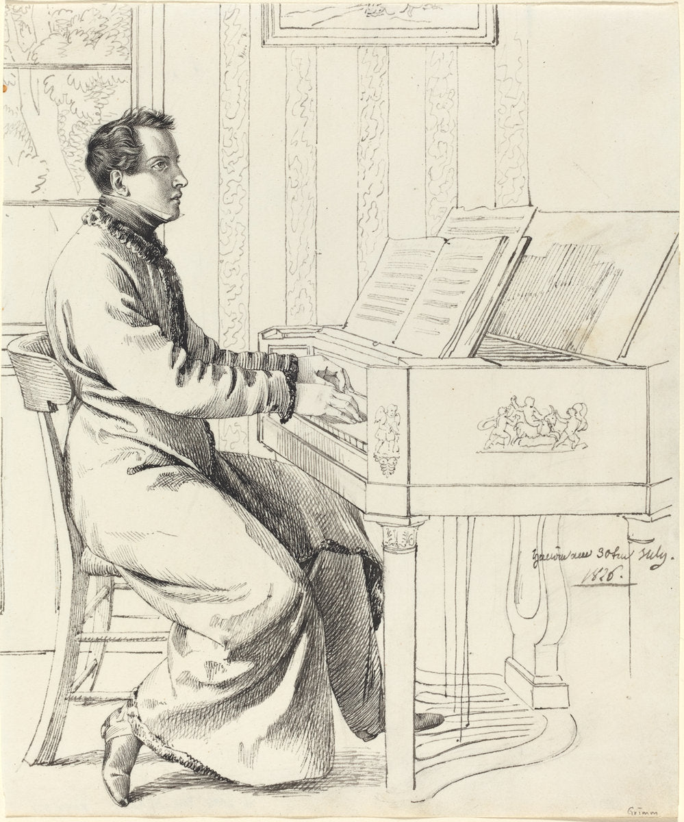 The Artist's Brother-in-Law, Ludwig Hassenpflug, Preparing to Play the Piano by Ludwig Emil Grimm (German, 1790 - 1863), 16X12"(A3)Poster Print