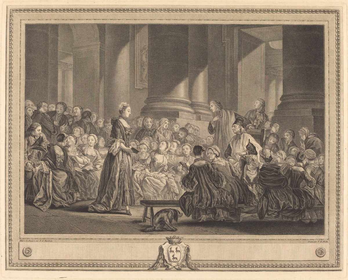 Le catechisme by Pierre Etienne Moitte after Pierre-Antoine Baudouin (French, 1722 - 1780), 16X12"(A3)Poster Print