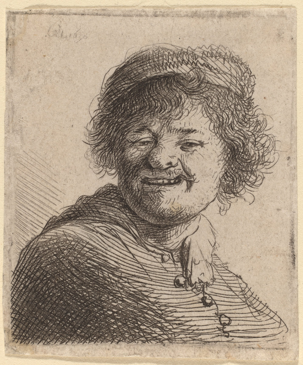 Self-Portrait in a Cap: Laughing by Rembrandt van Rijn (Dutch, 1606 - 1669), 16X12"(A3)Poster Print