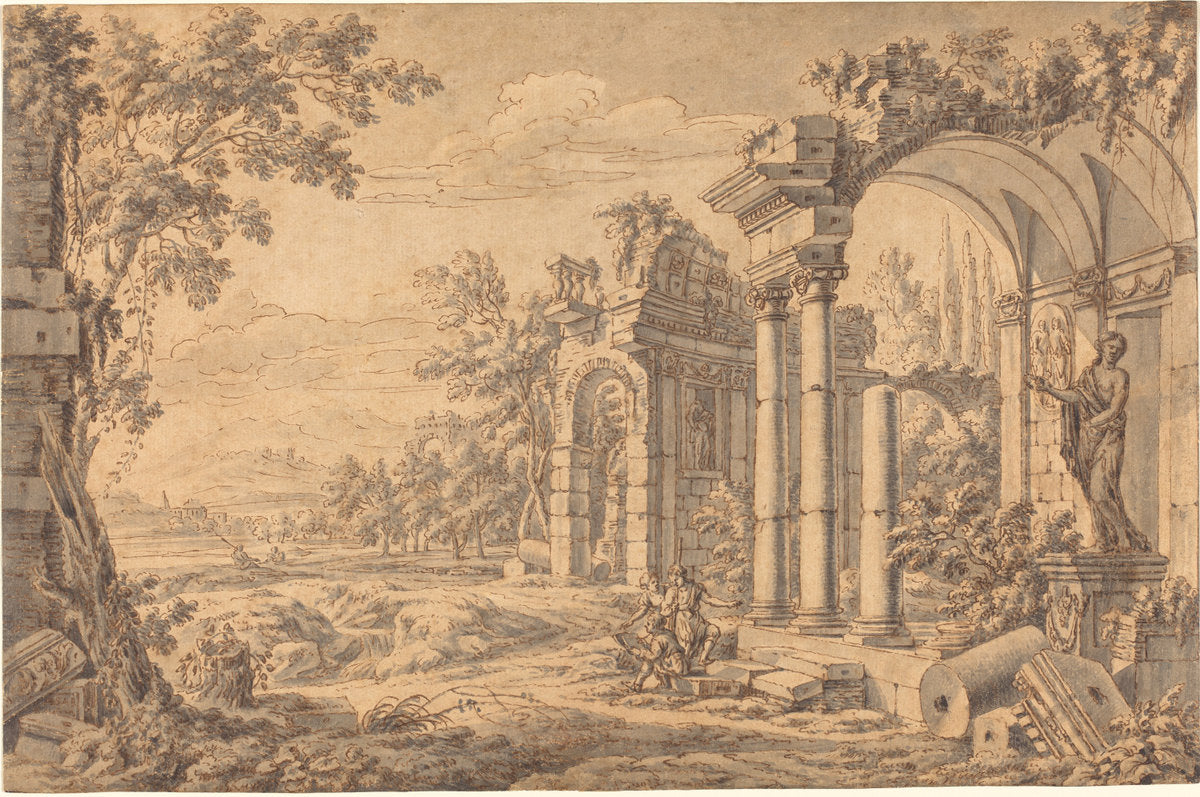 Landscape with a Draftsman among Ancient Ruins by Johann Oswald Harms (German, 1643 - 1708), 16X12"(A3)Poster Print