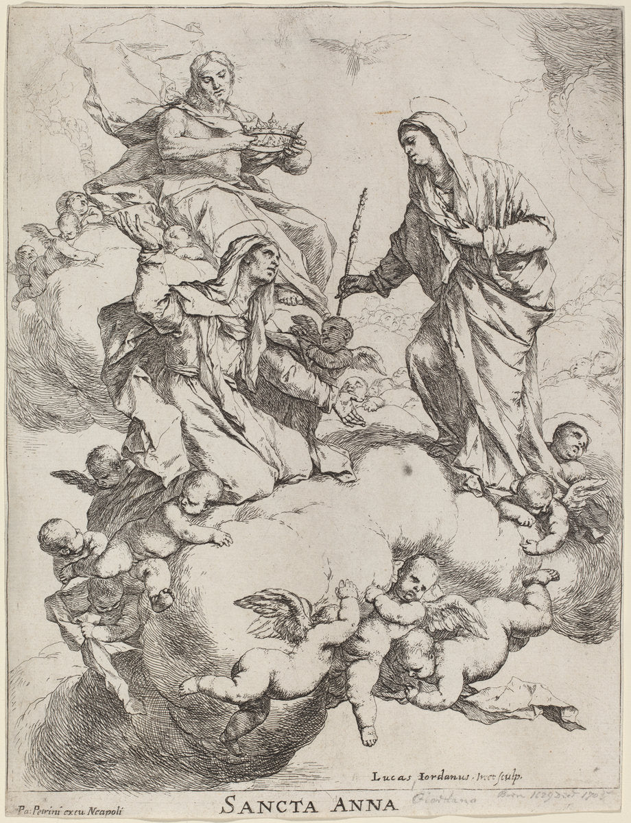 Saint Anne Received by the Virgin and Christ by Luca Giordano (Italian, 1634 - 1705), 16X12"(A3)Poster Print
