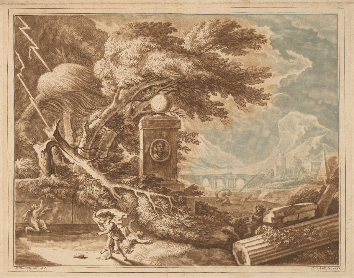 Heroic Stormy Landscape by Elisha Kirkall, after Jan van Huysum (English, c. 1682 - 1742), 16X12"(A3)Poster Print