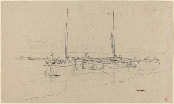 Boats on River with Masts by Charles Meryon (French, 1821 - 1868), 16X12"(A3)Poster Print