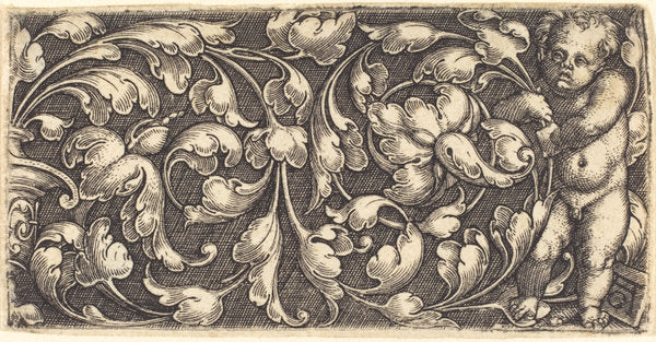 Naked Infant Holding a Double Scroll of Leafy Ornament by Heinrich Aldegrever (German, 1502 - 1555/1561), 16X12"(A3)Poster Print