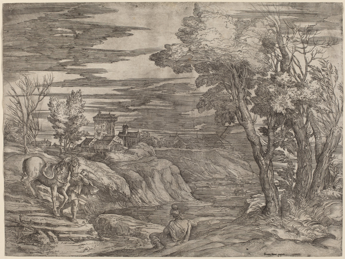 Landscape with a Man Leading a Horse by Battista Franco after Titian (Italian, probably 1498 - 1561), 16X12"(A3)Poster Print