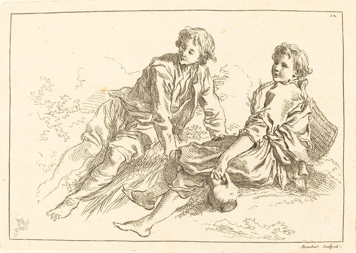 Reclining Shepherd Boys by François Boucher after Abraham Bloemaert (French, 1703 - 1770), 16X12"(A3)Poster Print