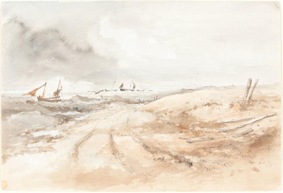 first half 19th century by British 19th Century (Shore Scene with Boats in Choppy Water), 16X12"(A3)Poster Print