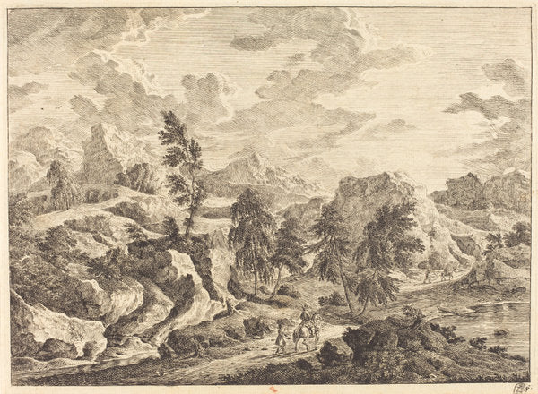Landscape with the Rising Sun and a Rider with Attendant by Georg Eisenmann (German, active last third 18th century), 16X12"(A3)Poster Print