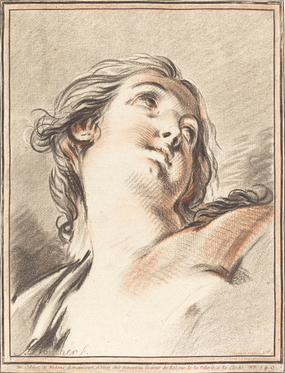 Head of a Woman Looking Up by Gilles Demarteau, the Elder after François Boucher (French, 1722 - 1776), 16X12"(A3)Poster Print