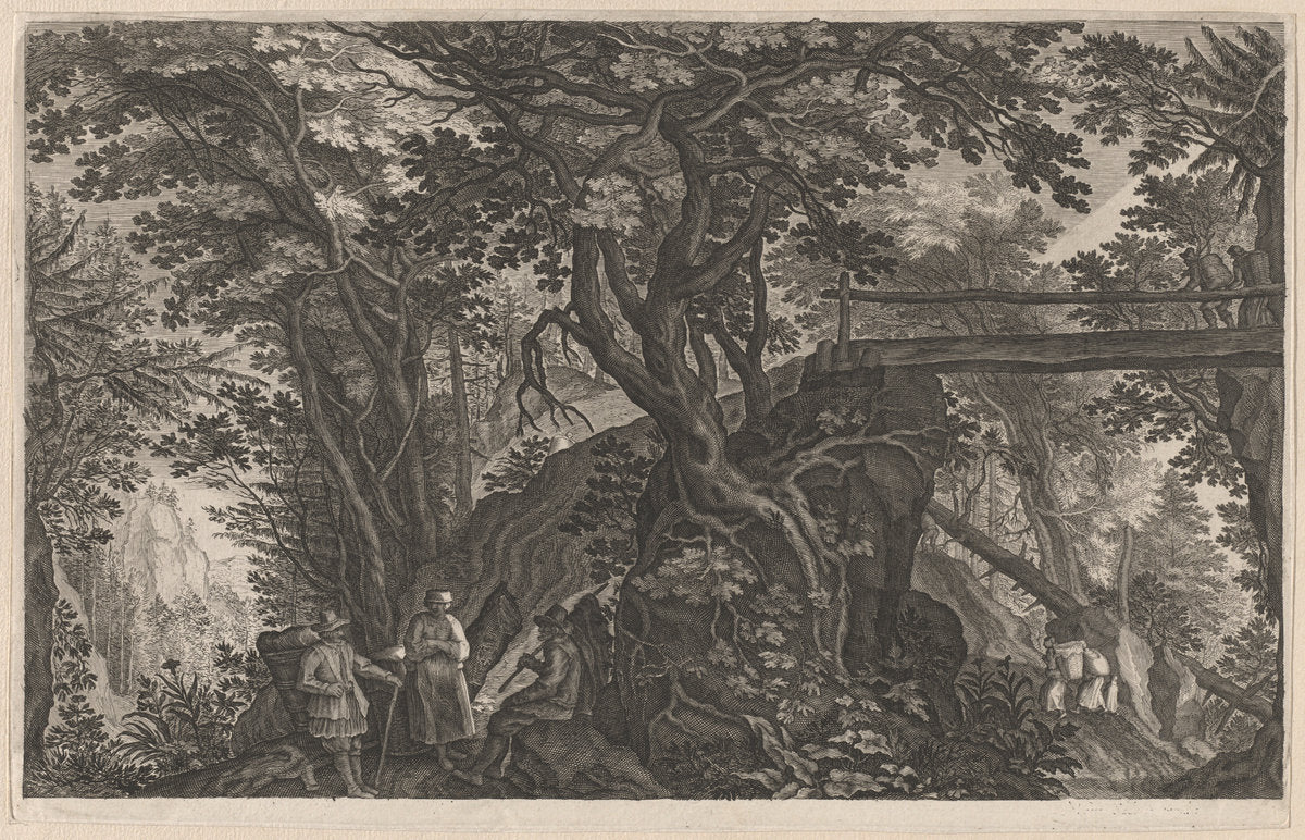 Travelers Resting in a Mountain Forest by a Log Bridge by Aegidius Sadeler II after Pieter Stevens (Flemish, c. 1570 - 1629), 16X12"(A3)Poster Print