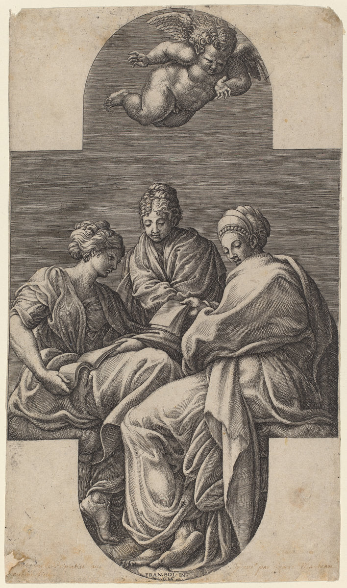 Three Muses and a Gesturing Putto by Giorgio Ghisi after Francesco Primaticcio (Italian, 1520 - 1582), 16X12"(A3)Poster Print