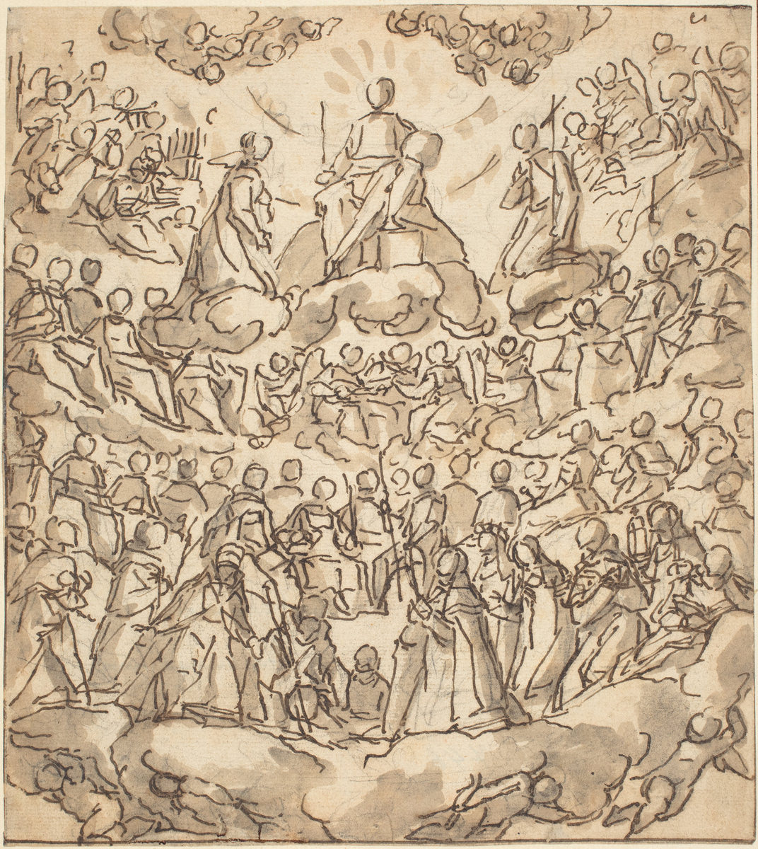 The Blessed in Paradise with the Virgin and St. John the Baptist before God by Lazzaro Tavarone (Italian, 1556 - 1641), 16X12"(A3)Poster Print