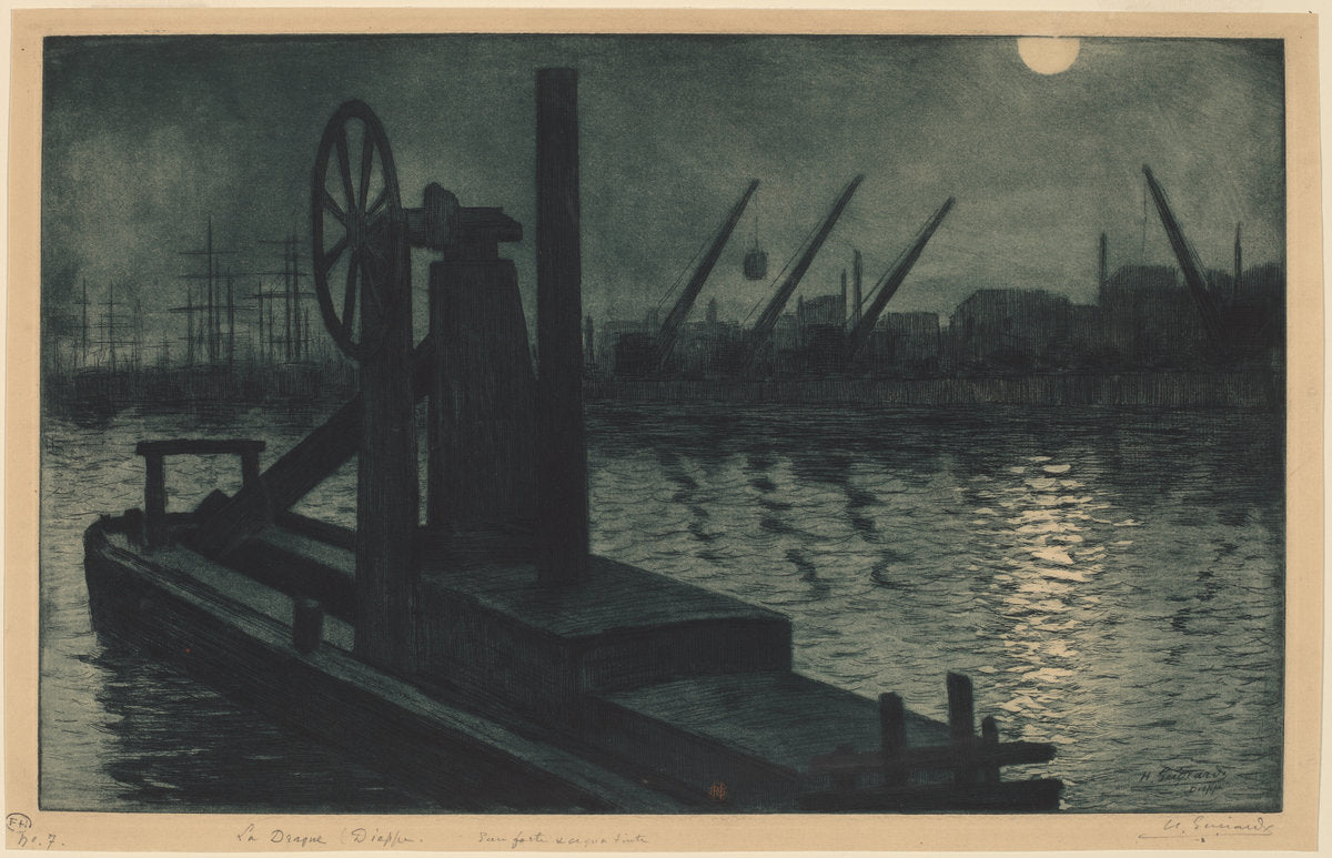 La Drague Dieppe (A Dredger in Dieppe Harbor by Moonlight) by Henri-Charles GuŽrard (French, 1846 - 1897), 16X12"(A3)Poster Print