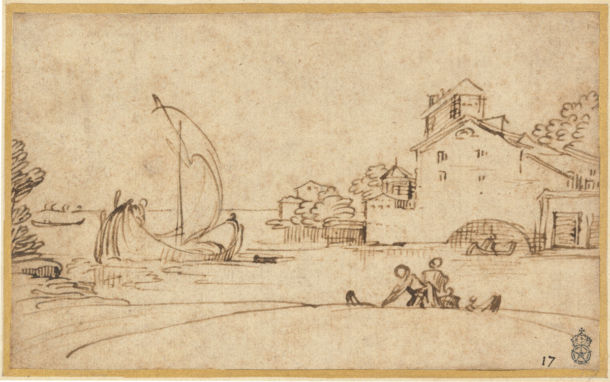 Landscape with Figures by an Estuary with Sailing Boats by Annibale Carracci (Bolognese, 1560 - 1609), 16X12"(A3)Poster Print