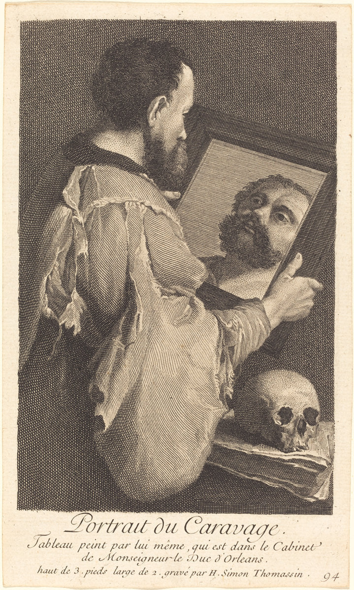 Portrait du Caravage (Portrait of Caravaggio) by Henri Simon Thomassin (French, 1687 - 1741), 16X12"(A3)Poster Print