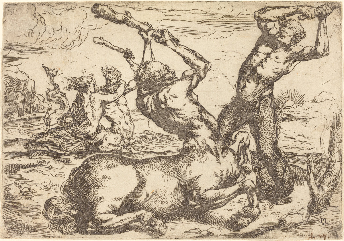 Battle between a Centaur and a Triton by Circle of Jusepe de Ribera (Spanish, 1591 - 1652), 16X12"(A3)Poster Print
