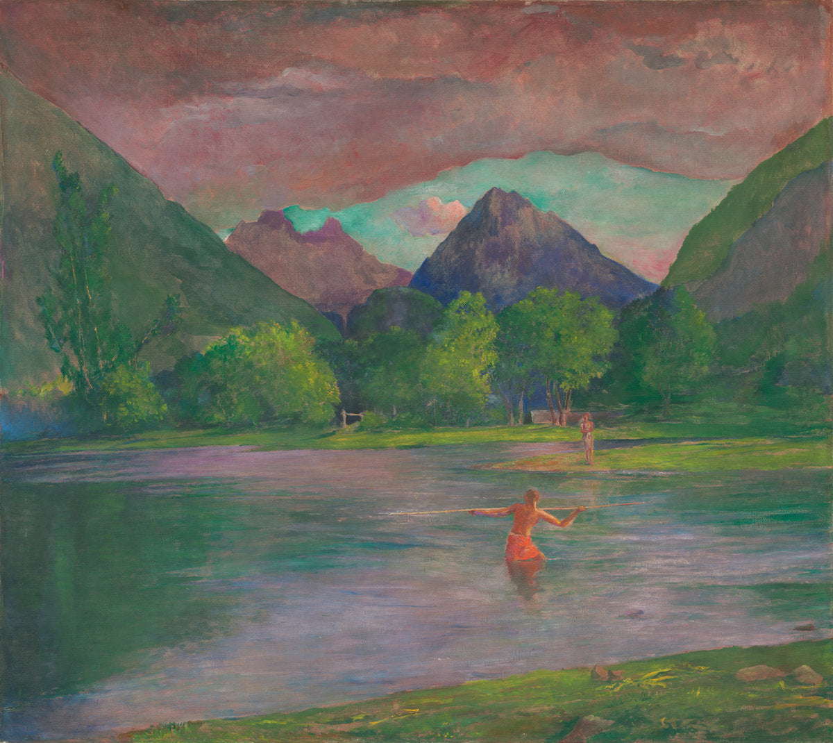 The Entrance to the Tautira River, Tahiti. Fisherman Spearing a Fish by John La Farge (American, 1835 - 1910), 16X12"(A3)Poster Print