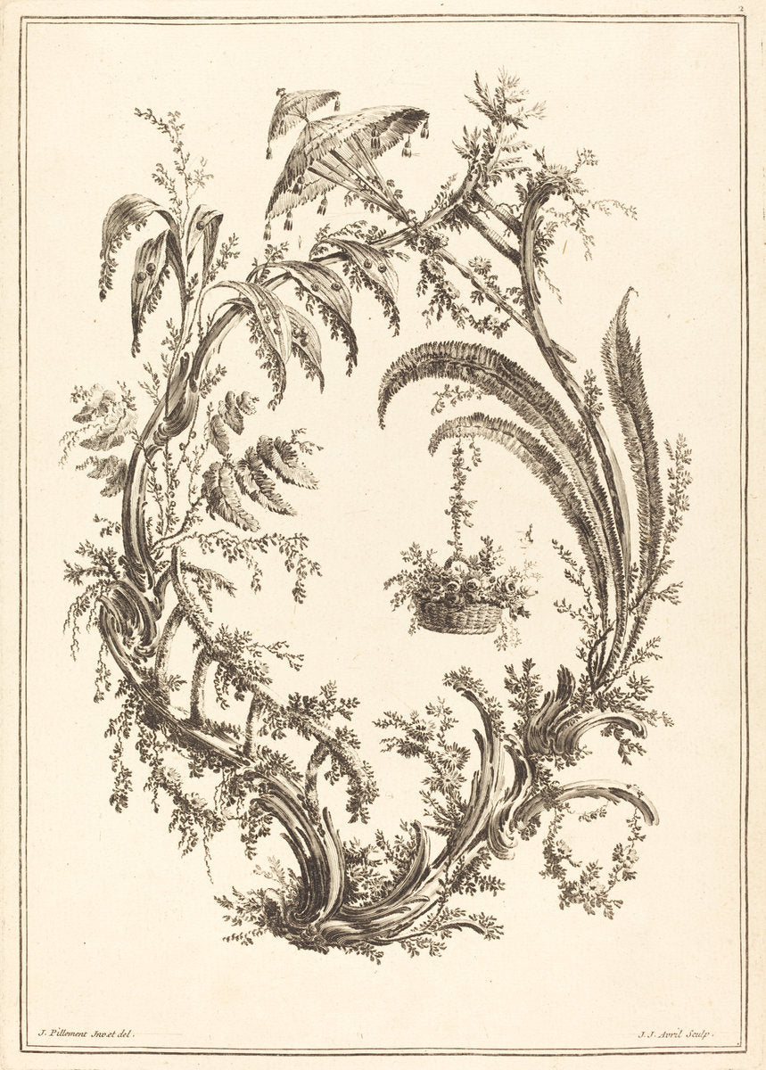 Ornament with Parasol and Hanging Basket by Jean-Jacques Avril I after Jean-Baptiste Pillement (French, 1744 - 1831), 16X12"(A3)Poster Print