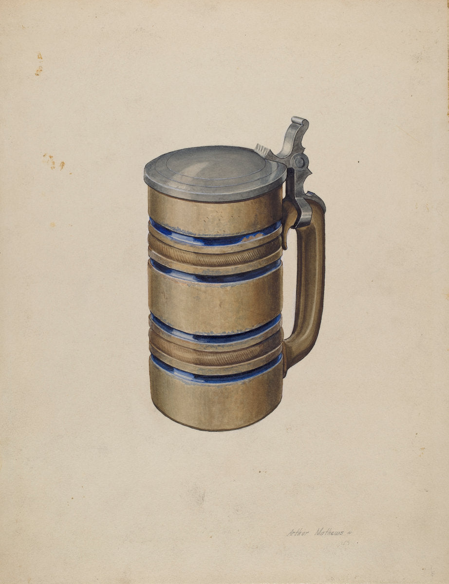 Stoneware and Pewter Beer Mug by Arthur Mathews (American, active c. 1935), 16X12"(A3)Poster Print