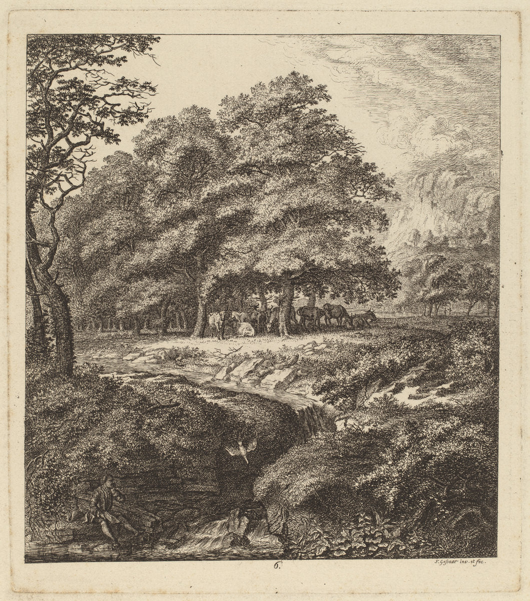 Cattle Resting in a Grove with a Man Seated beside a Brook by Salomon Gessner (Swiss, 1730 - 1788), 16X12"(A3)Poster Print