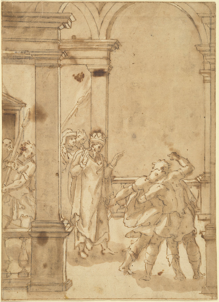 Two Figures Struggling before a King by Cesare Nebbia (Italian, c. 1536 - c. 1614), 16X12"(A3)Poster Print