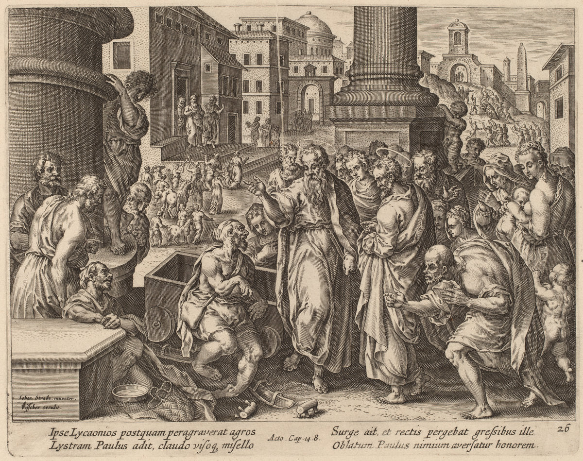 Saint Paul Heals the Lame Man at Lystra by Philip Galle after Jan van der Straet (Flemish, 1537 - 1612), 16X12"(A3)Poster Print