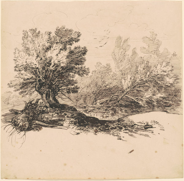 A Pollard Willow by a Stream by Hippolyte Lalaisse (French, 1810 - 1884), 16X12"(A3)Poster Print